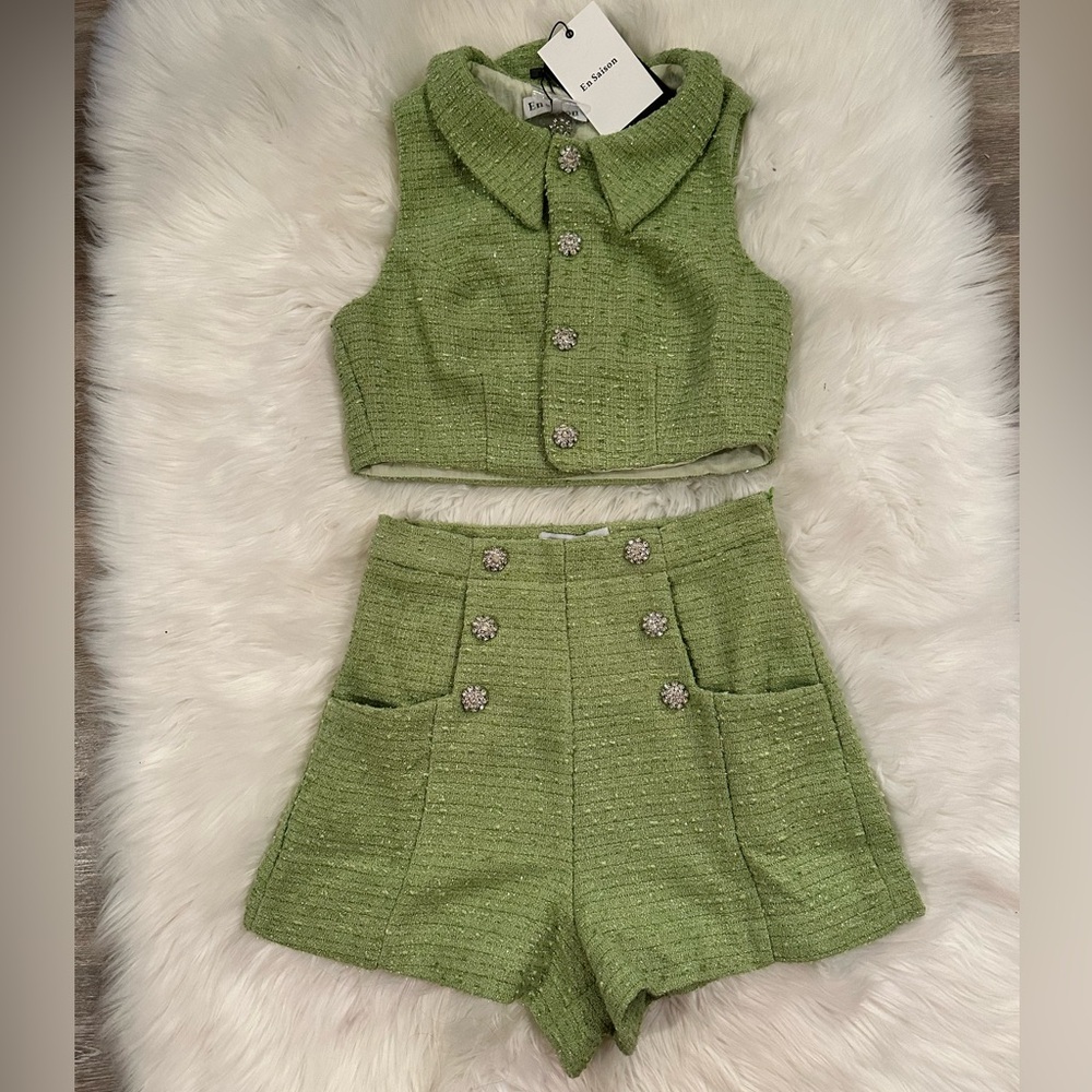 En Saison Nadine Tweed Button Down Vest and Shorts Set in Green SIZE S